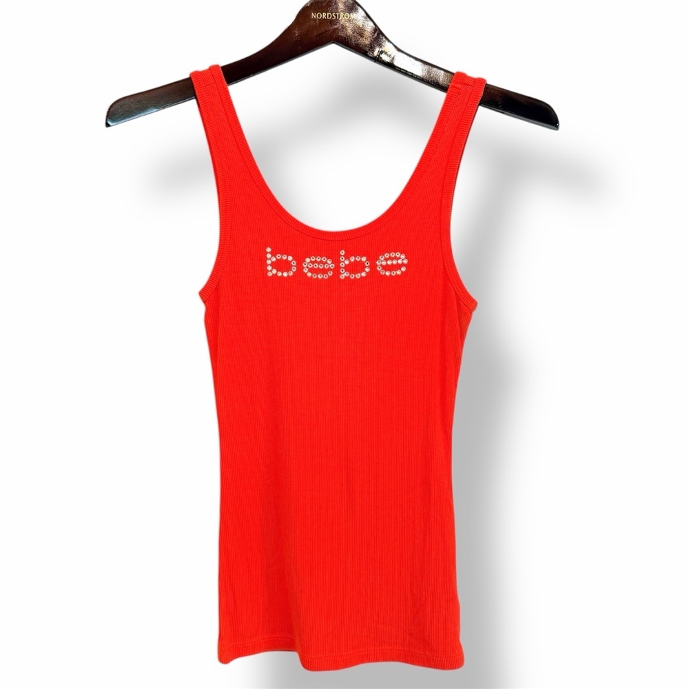 BEBE rhinestones embelished signature ribbed tank top, orange, size S, NWOT
